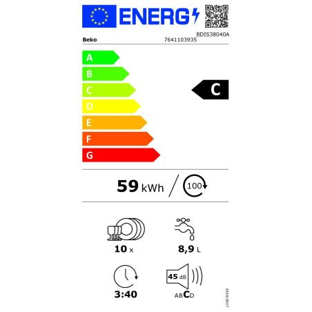 LAVE VAISSELLE TT INTEGRE 45CM BEKO MENAGER 10c 8pr 6t Dd Induc 45db CC Ch BDIS38040A