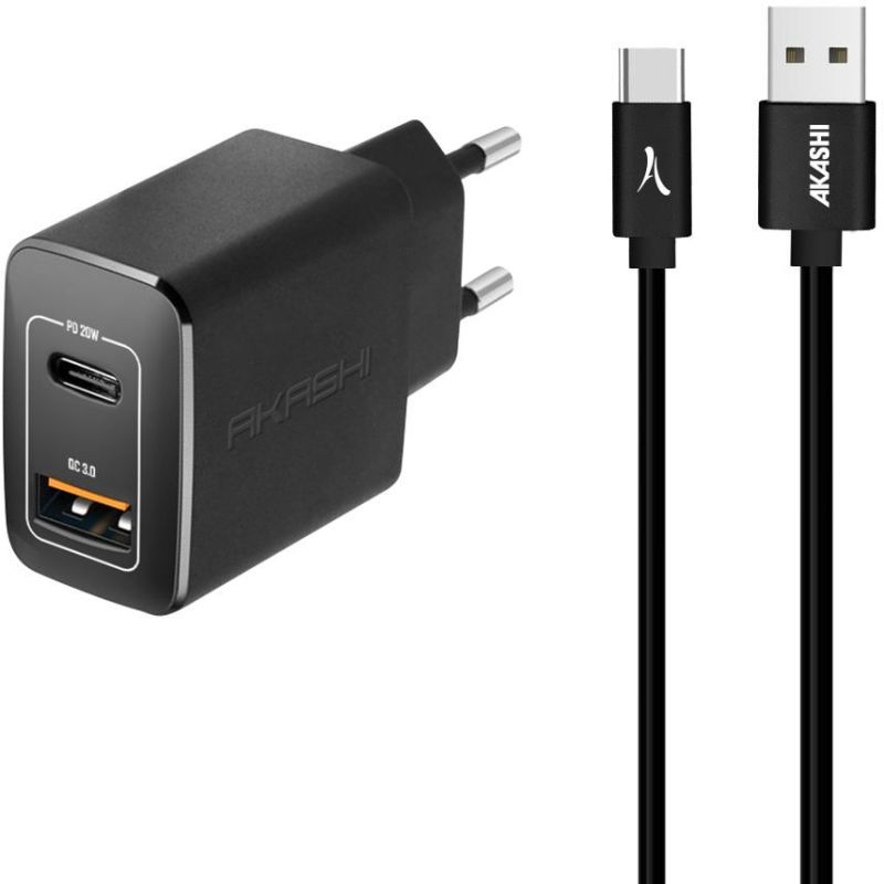 CHARGEUR SECTEUR GSM AKASHI CSECT 20W 3A USB-C+USB CAB1M ALTACQC20TCBK