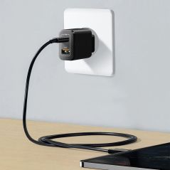 CHARGEUR SECTEUR GSM AKASHI CSECT 20W 3A USB-C+USB CAB1M ALTACQC20TCBK