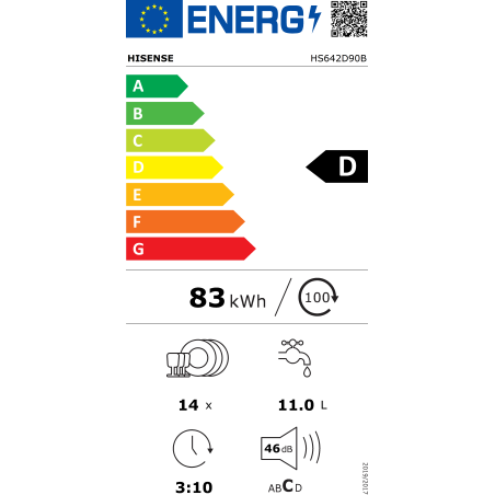 LAVE VAISSELLE 60 CM HISENSE 14c 6pr 6t Dd 46db DC Noir HS642D90B