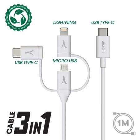 CONNECTIQUE DATA AKASHI USB-C 1M 31 TYPC+MICROUSB+LI ALTECO3IN1TC