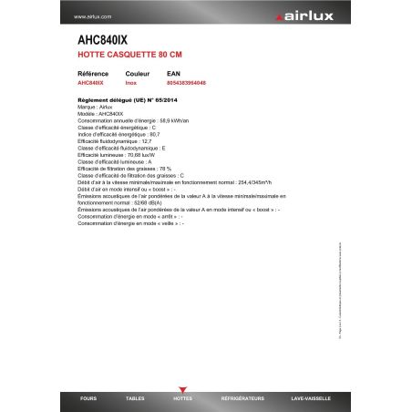 HOTTE VISIERE AIRLUX Casquette 80cm 350m3 68db C In AHC 840 IX
