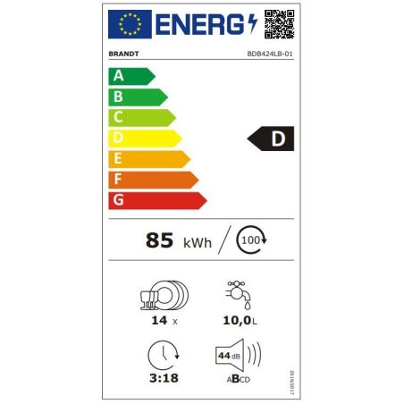 LAVE VAISSELLE INTEGRE 60CM BRANDT ENCASTRABLE 14c 6prg 4t 4 4db Ddif DB Noir BDB424LB