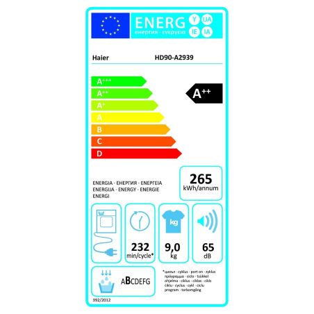 SECHE LINGE FRONTAL HAIER BLANC Ppe Chaleur 9kg 15prg Ddiff 65 HD90A2939FR